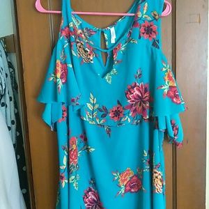 Teal floral cold shoulder top